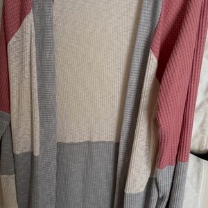 Colorblock Waffle-Knit Open Cardigan - Pink, Gray & Cream